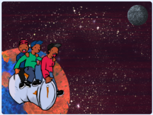 The stage with a starry sky backdrop, and the moon, earth, and kids on rocket sprite. The earth and kids on rocket sprites are in the lower left corner, and the moon sprite is in the upper right corner. The moon sprite is much smaller than the earth sprite.